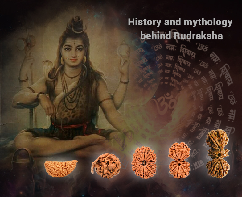 "An artistic depiction of Rudraksha beads, highlighting their sacred origins in Hindu mythology. The image features Lord Shiva meditating with his tear drops transforming into Rudraksha seeds, surrounded by lush Rudraksha trees. The backdrop showcases a serene landscape with a divine aura, symbolizing the spiritual and historical significance of these sacred beads."