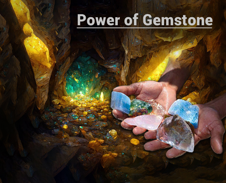 An artistic representation of various gemstones, each radiating vibrant colors and surrounded by a soft, glowing aura. The image highlights the mystical and spiritual significance of gemstones, with labels indicating their unique properties such as healing, energy balance, and planetary alignment. A serene background symbolizes the harmony and transformative power associated with these precious stones.